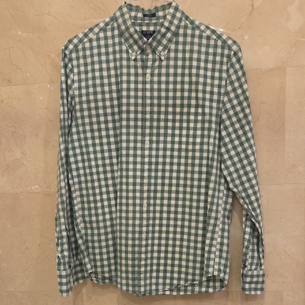MENS J. CREW GREEN & WHITE CHECKERED BUTTON DOWN DRESS SHIRT $65 Sz LARGE